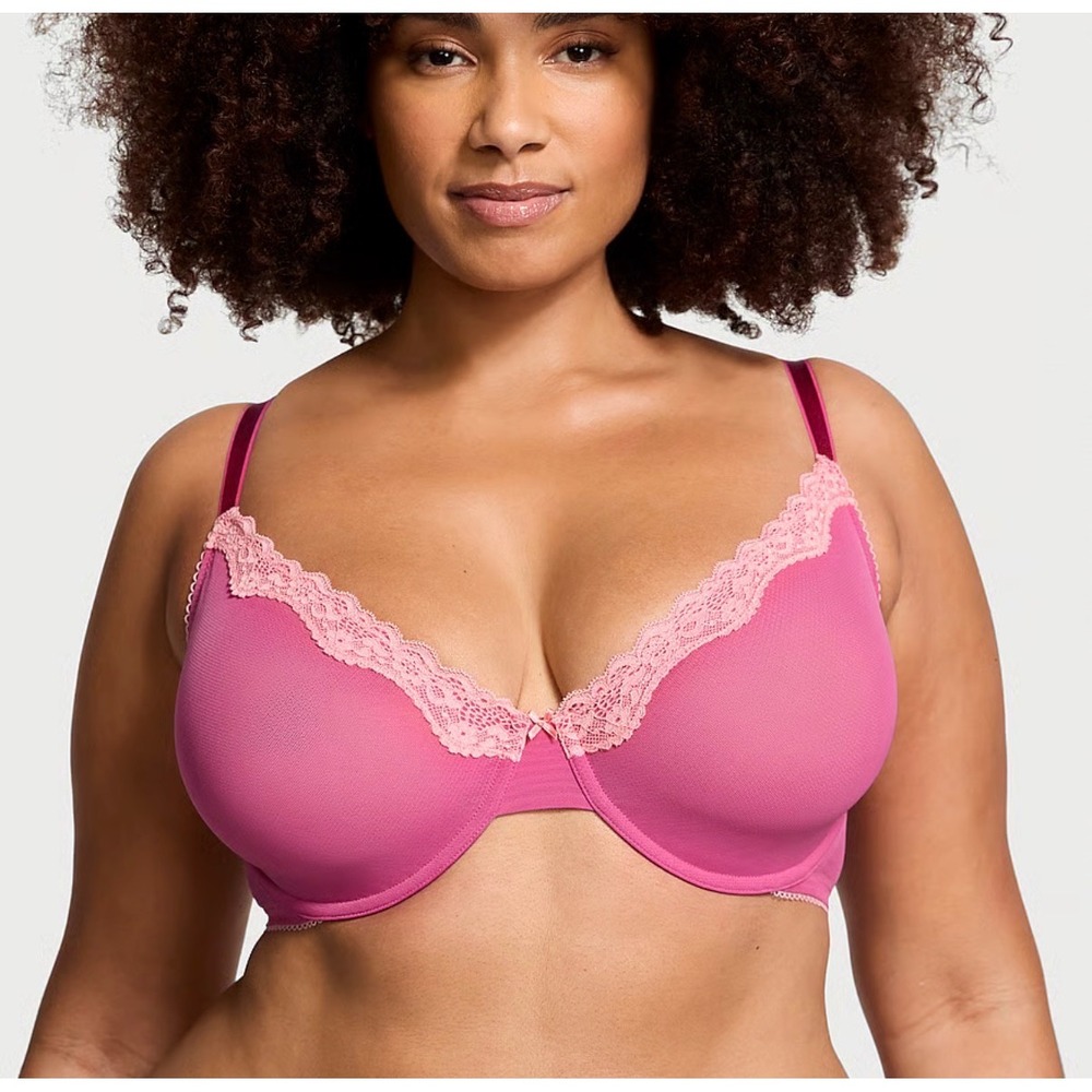 Victoria's Secret Tease Unlined Demi Bra 36D Pink Fuchsia Lace Mesh Underwire
